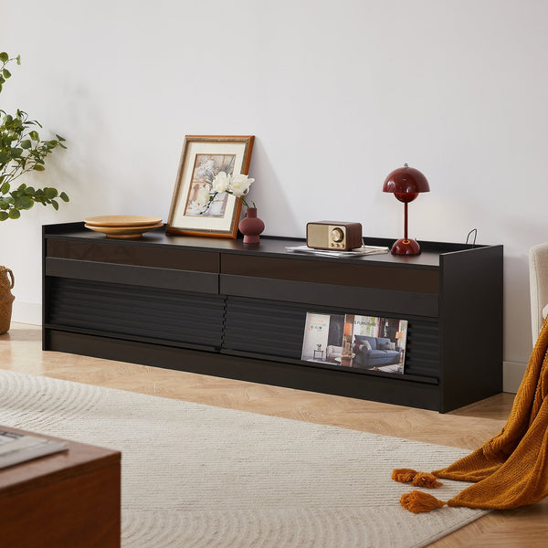 English Elm Christopher Knight Home® - Mirod Modern TV Stand with 4 Drawers, Tempered Glass Top, Built-In Charging Ports & LED Lighting Black N760P255436B