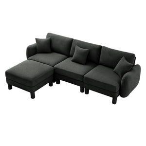 English Elm Boucle Fabric Convertible L-Shaped Sectional Sofa With Shell Armrests & Removable Ottoman, Dark Grey W3041S00301