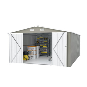 English Elm Campcraft Metal Storage Shed 10x14 Ft with Lockable Doors Vented Sloped Roof Backyard Light Gray W1598S00050