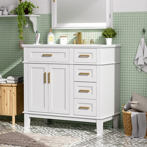 English Elm 36" Navy Bathroom Vanity Solid Wood Frame Ceramic Sink Gold Hardware Soft Close White N729P380151K