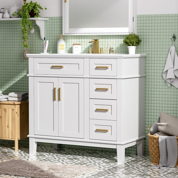 English Elm 36" Navy Bathroom Vanity Solid Wood Frame Ceramic Sink Gold Hardware Soft Close White N729P380151K