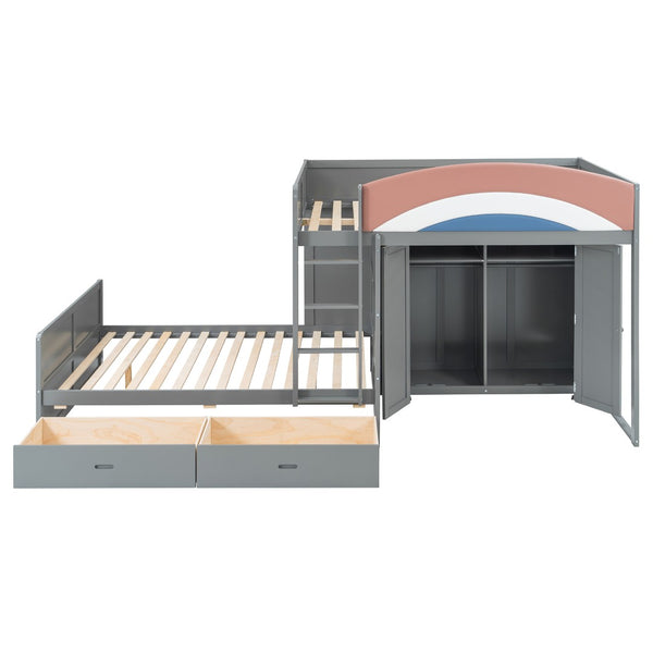 English Elm Full Size Offset Bunk Bed with Wardrobe Hanging Rod Drawers and Upholstered Rail Gray N820S00081E