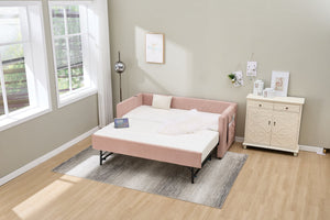 English Elm Pink velvet daybed with diamond-grid pull-out trundle, modern velvet MDF frame, twin size elegance and extra sleep space W1361S00030