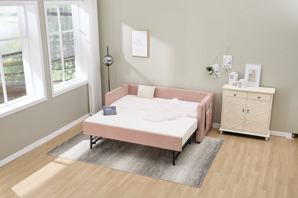 English Elm Pink velvet daybed with diamond-grid pull-out trundle, modern velvet MDF frame, twin size elegance and extra sleep space W1361S00030