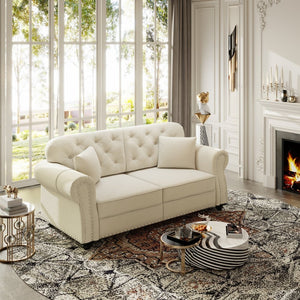 English Elm 63"upholstered Velvet Loveseat with Button Tufting Brass Nailhead Trim Mid-century Chesterfield Beige White W1885S00376