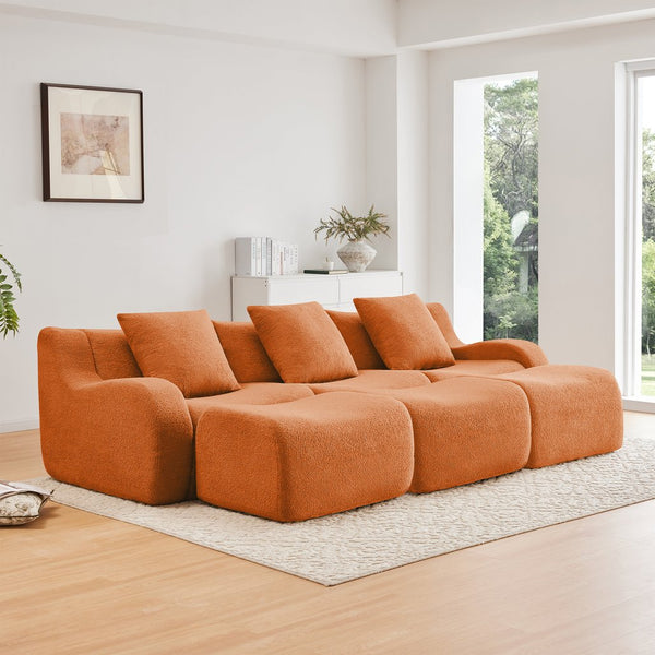 English Elm Three-Seat Modular Sofa with Plush Teddy Fabric, No Assembly, Ergonomic Curved Armrests & Non-Slip Base Orange W714S01452