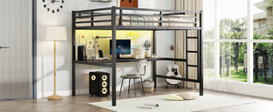 English Elm Metal Full Size Loft Bed with Desk, USB Power & RGB LED Lighting, Space-Saving Black Frame W1580P251091