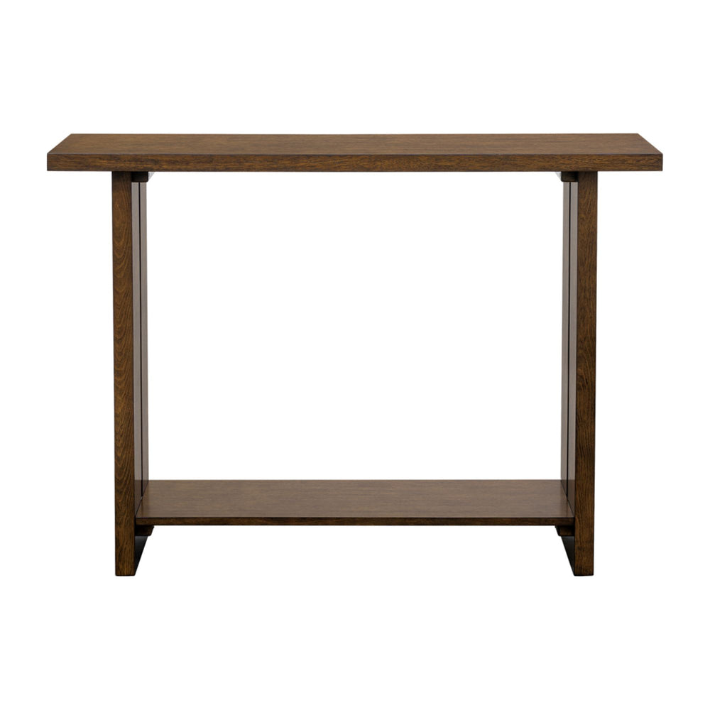 JLA Home Martha Stewart - Console Shiloh Slim Console Table in Warm Wood Finish with Slotted-Panel Legs, Lower Shelf Storage, Versatile Style MT120-0190