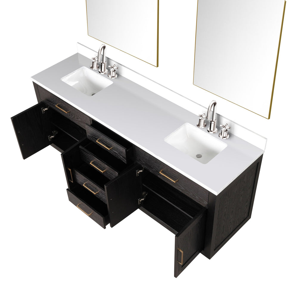 English Elm Black Oak Double Bath Vanity Set With Cultured Marble Top, Chrome Faucets & Two Frameless Mirrors B2731S02180