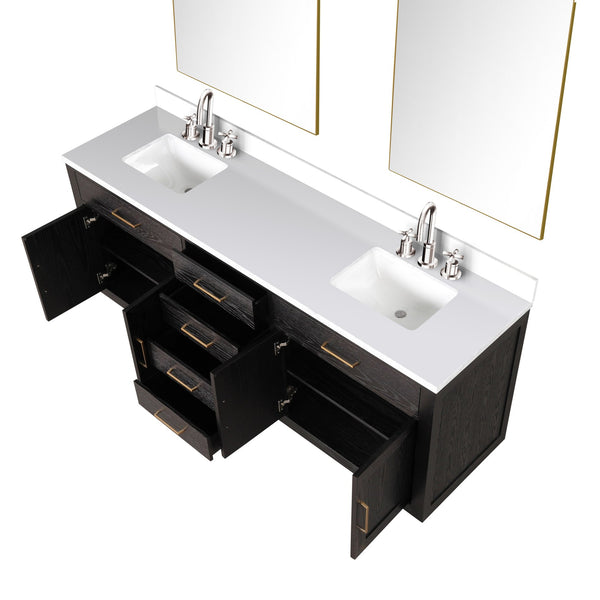English Elm Black Oak Double Bath Vanity Set With Cultured Marble Top, Chrome Faucets & Two Frameless Mirrors B2731S02180