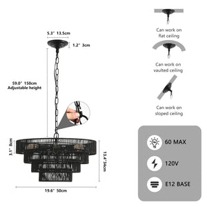English Elm 20" Rustic 4-Tier Black Hemp Rope Chandelier – Handmade Boho Pendant Light, 6 E12 Sockets, Adjustable Height W1340P241298