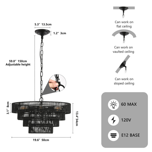English Elm 20" Rustic 4-Tier Black Hemp Rope Chandelier – Handmade Boho Pendant Light, 6 E12 Sockets, Adjustable Height W1340P241298