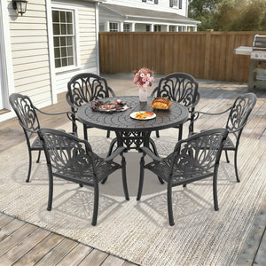 English Elm 7-piece Cast Aluminum Outdoor Dining Set Ornate Carved Patio Furniture with Cushions W1710S00559