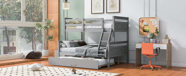 English Elm Twin Pine-over-Full Bunk Bed with Attached Ladder, Trundle & Full-Length Guardrail for Space-Saving Rooms Gray SM000208AAE-1