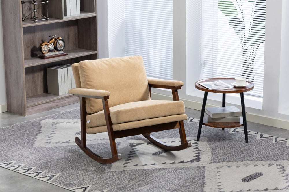 English Elm Mid Century Modern Rocking Chair Solid Wood Frame Upholstered Seat with Lumbar Cushion Khaki W2530P419012