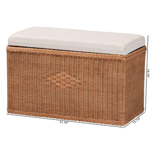 English Elm Braided Rattan Mahogany Storage Bench with Cushioned Lift Top for Coastal Boho Rooms B2750P467839