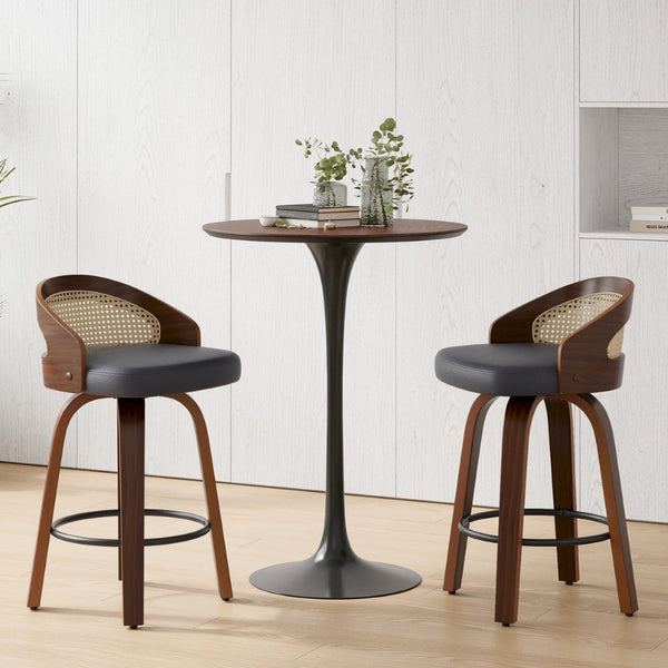 English Elm Swivel Counter Stools Set of 2 Rattan Back Pu Seat Mid Century Wood Frame Kitchen Black T3623P431195