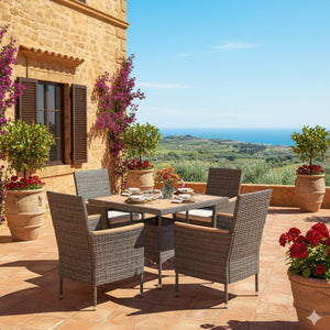 English Elm 5-piece Outdoor Dining Set Pe Rattan Armchairs with Acacia Wood Square Table Gray B082S00067