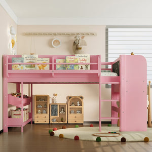 English Elm Twin Low Loft Bed Solid Pine Frame Kids Study Desk Blackboard Storage White Pink W1580S00300
