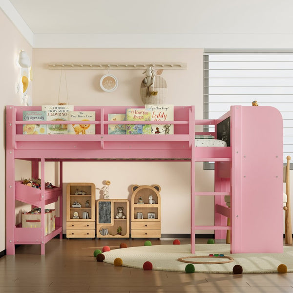 English Elm Twin Low Loft Bed Solid Pine Frame Kids Study Desk Blackboard Storage White Pink W1580S00300