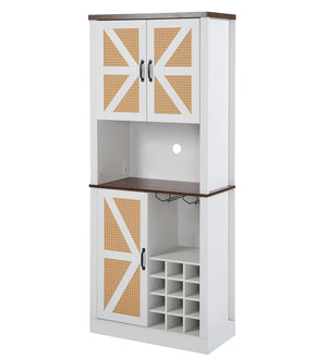English Elm 76 Inch Tall Farmhouse Wine Cabinet with 12 Bottle Compartments, Faux Rattan 3D Doors, Shelves W2702P183952