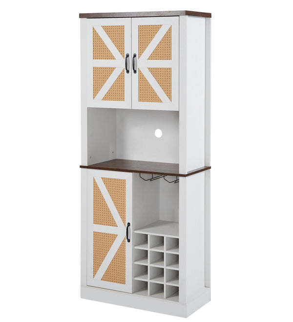 English Elm 76 Inch Tall Farmhouse Wine Cabinet with 12 Bottle Compartments, Faux Rattan 3D Doors, Shelves W2702P183952