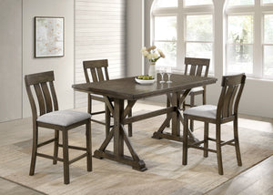 English Elm 5pc Counter Height Dining Set Rustic Farmhouse Trestle Table with Upholstered Slat-Back Chairs, Bench B2741S00533