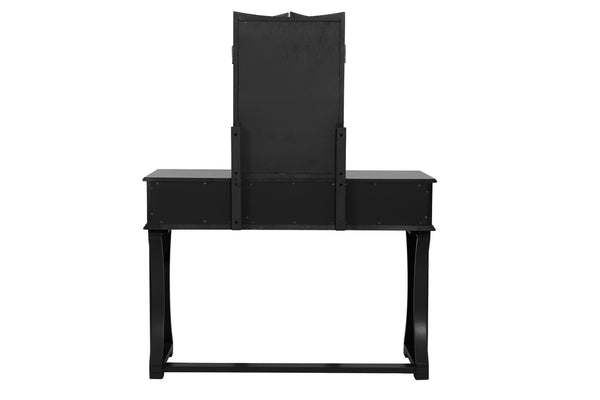 English Elm Unique Modern Pine Wood Vanity Set with 3-Panel Foldable Mirror, Cushioned Stool, Drawers — Rustic Chic B011P354536