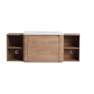 English Elm 52'' Wall-Mounted Vanity with White Ceramic Sink, Soft-Close Door, Plywood Shelves & Rounded Edges Imitative Oak W999S00431