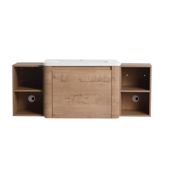English Elm 52'' Wall-Mounted Vanity with White Ceramic Sink, Soft-Close Door, Plywood Shelves & Rounded Edges Imitative Oak W999S00431