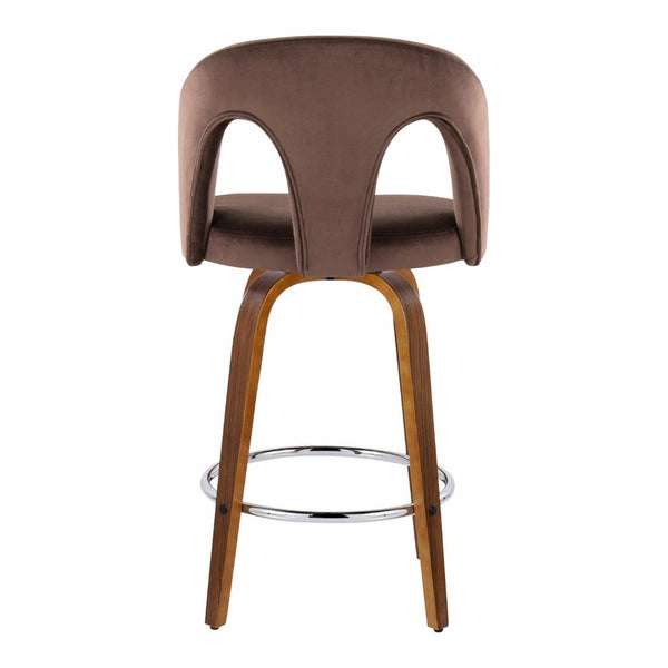 English Elm Fixed-height Swivel Counterstools Walnut Legs Espresso Velvet Chrome Footrest Pair B202S01795