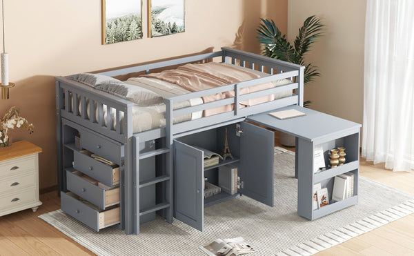 English Elm Twin Loft Bed Rubberwood Frame Pull Out Desk Storage Cabinet and Shelf Kids Room Grey W504S00287