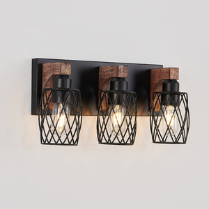 English Elm 18" Industrial Vintage 3-Light Wall Sconce Black Cage with Walnut Wood Accents for Bath Hallway W2312P374837
