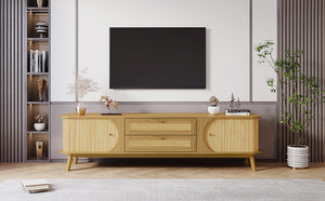 English Elm Rattan Modern Farmhouse TV Stand for TVs up to 75" – Sliding Doors, Rattan Drawers, Solid Wood Legs N710P174917Q