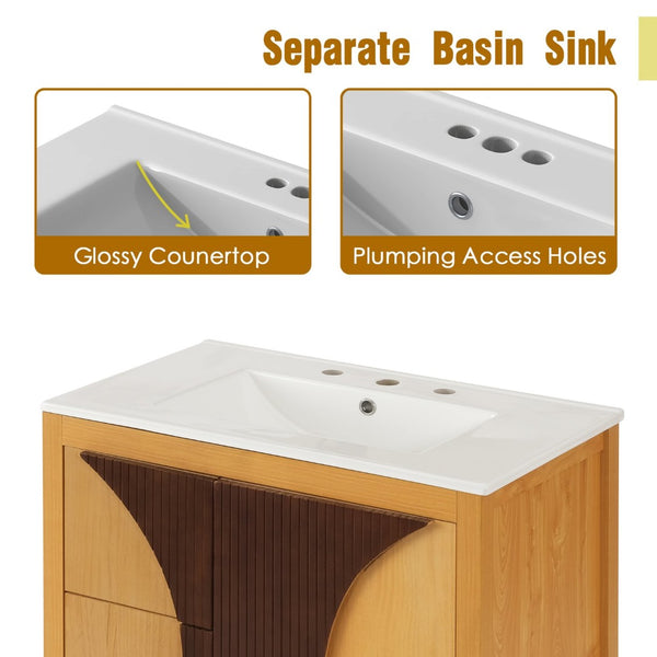 English Elm 30 Inch Fluted Freestanding Bathroom Vanity Solid Wood Soft Close Spa Style W5278S00003