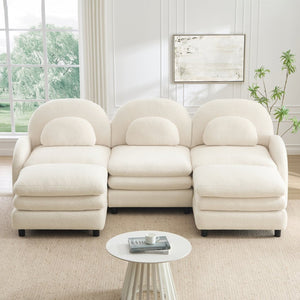 English Elm Teddy Fleece Modular Cloud Sofa Plush Three Seat Sectional with Movable Ottomans Beige White W5656S00084