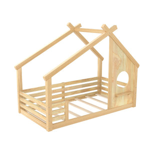 English Elm Twin House Bed Low Profile Pine Wood Frame with Shelf Montessori Kids Floor Sleeping Natural W5305P429643