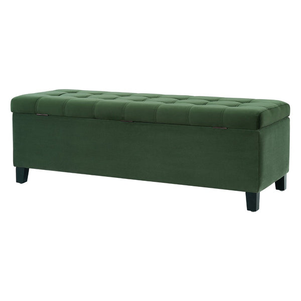 English Elm Upholstered Boucle Storage Bench Flip Top Lid Rubberwood Legs Bedroom Entryway Seating Retro Green N779P395018G