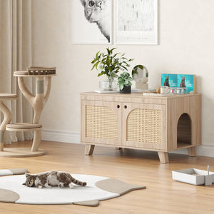 English Elm Flip Top Hidden Cat Litter Box Enclosure with Rattan Doors, Flip-Top Access, Odor Control, Stylish Table Ready Natural T3623P354971
