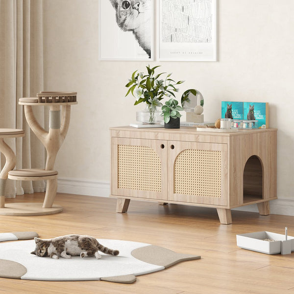 English Elm Flip Top Hidden Cat Litter Box Enclosure with Rattan Doors, Flip-Top Access, Odor Control, Stylish Table Ready Natural T3623P354971