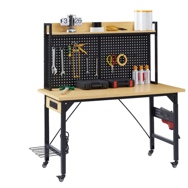 English Elm 48''adjustable Rolling Workbench Steel Frame Pegboard Outlets Garage Workshop W1162P223029