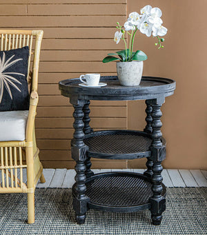 English Elm D23.5 Hilton Head Round Three-Tier Side Table with Rattan Shelves, Turned Legs, Black Finish W2078P231566
