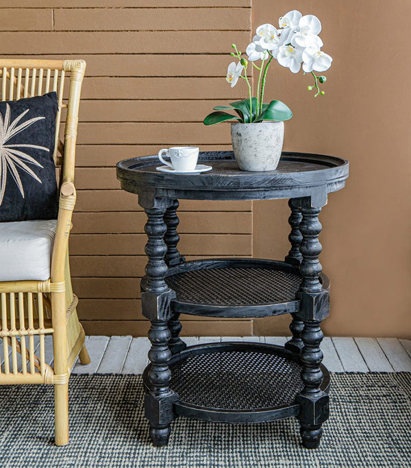 English Elm D23.5 Hilton Head Round Three-Tier Side Table with Rattan Shelves, Turned Legs, Black Finish W2078P231566