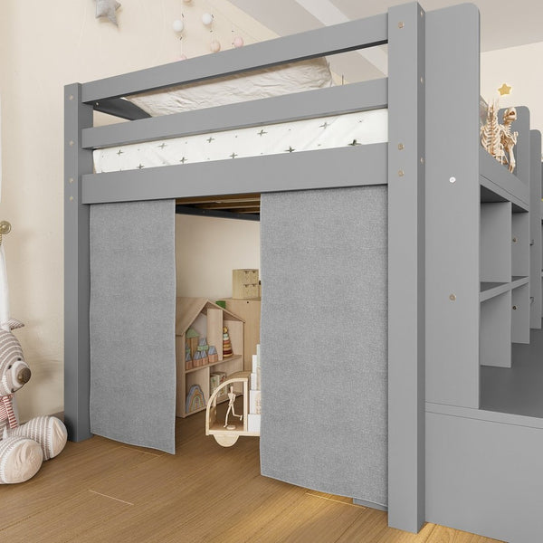 English Elm Twin Xl Low Loft Bed with Curtain Hideaway Chalkboard and Built-in Storage Shelves W1580S00400