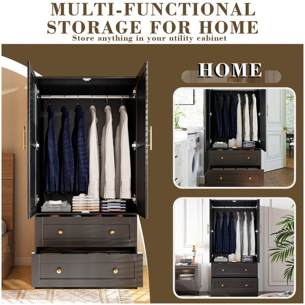 English Elm Shaker Two Door Wardrobe Armoire with Hanging Rod Drawers and Bedroom Storage T3210P477663
