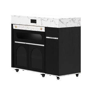 English Elm Trexm Rolling Kitchen Island Extendable Marble Top Cabinet Drawers Power Outlet Black,White Marble XW000029AAB
