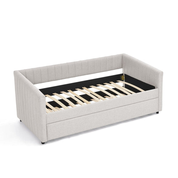 English Elm Twin Size Daybed With Trundle - Elegant Upholstered Sofa Bed In Beige Linen With Stripes, Space-Saving W1413S00090-GIGA