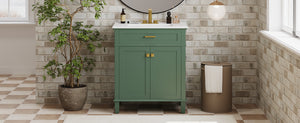 English Elm 30-inch bathroom vanity with ceramic basin, solid wood frame, soft-close doors and adjustable shelves for organized style and lasting durability Green N729P173380F