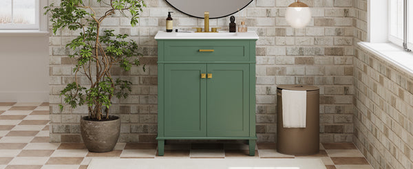 English Elm 30-inch bathroom vanity with ceramic basin, solid wood frame, soft-close doors and adjustable shelves for organized style and lasting durability Green N729P173380F
