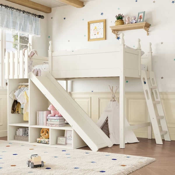 English Elm Twin Loft Bed Solid Pine Frame with Wardrobe Shelving Detachable Slide Kids Room Beige W5305S00018